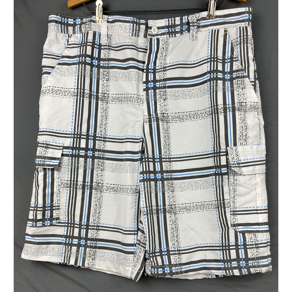 NBNgear Plaid Cargo Board Shorts Mens 38 White Black Blue Swim Trunks Good